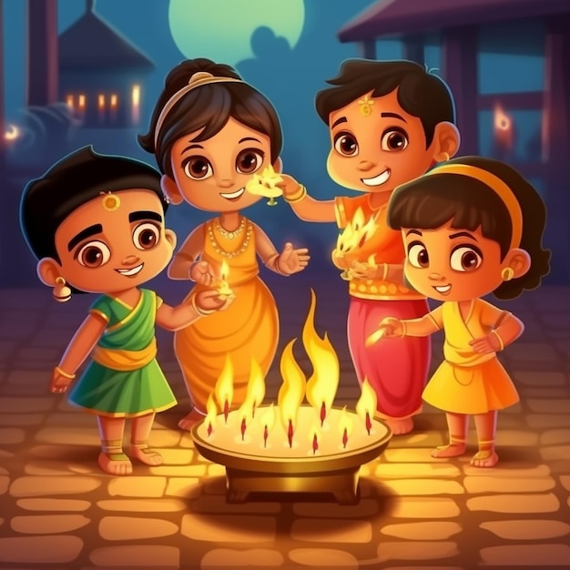 bonito grupo de niños encendiendo lámpara de aceite celebración del festival ilustración vectorial de dibujos animados