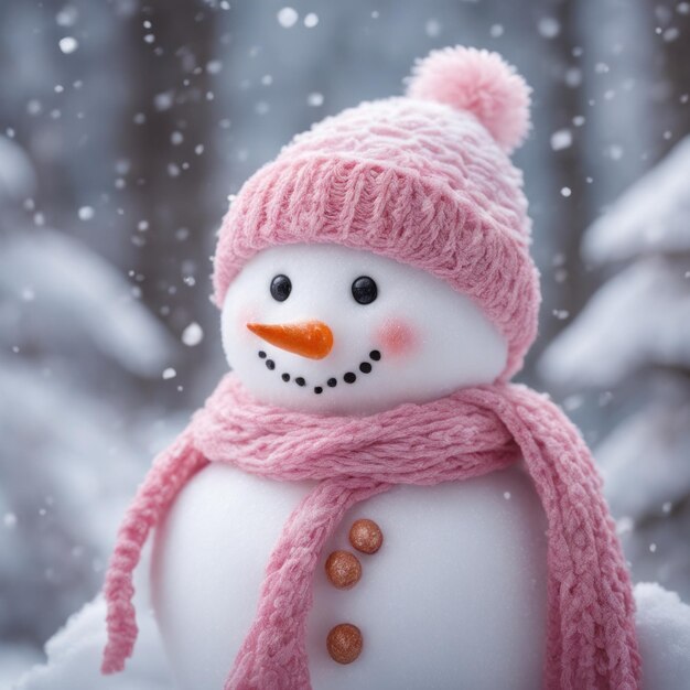 Foto un bonito hombre de nieve con una bufanda rosa en un área nevada y un fondo de nieve bokeh