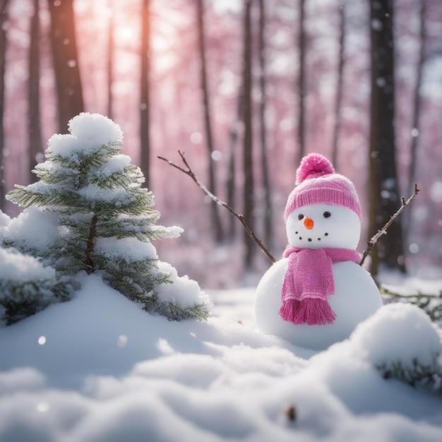 Un bonito hombre de nieve con una bufanda rosa en un área nevada y un fondo de nieve bokeh