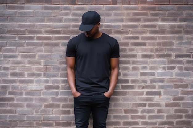 Bonito homem afro-americano em camiseta preta em branco em pé contra a parede de tijolos