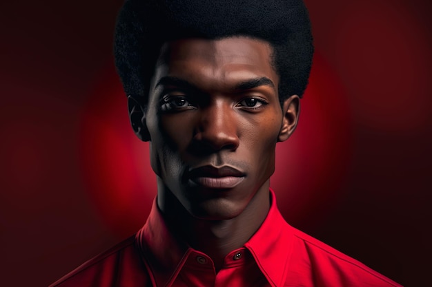 Bonito homem afro-americano em fundo vermelho escuro olhando para a câmera Generative AI