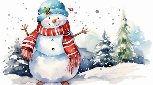 bonito homem de neve com lenço vermelho aquarela cartão de Natal