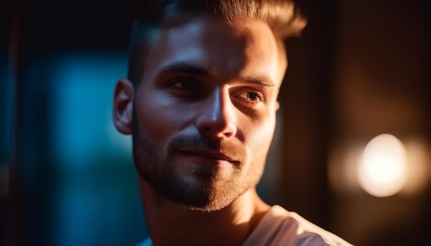 Bonito jovem adulto com barba sorrindo ao ar livre gerado por IA