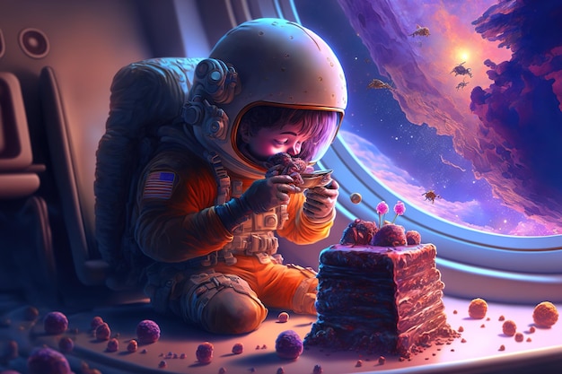 Bonito jovem astronauta em um planeta estranho desfrutando de guloseimas e chocolates em uma festa de aniversário no espaço
