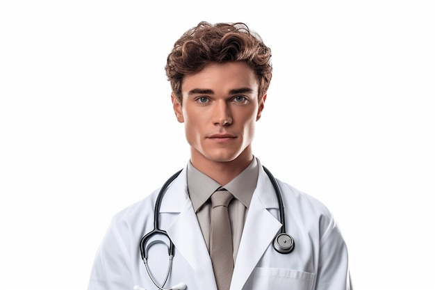 Bonito jovem médico vestindo terno branco com fundo branco