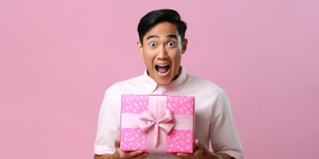 Un bonito joven chino felizmente sorprendido con un regalo en sus manos con un fondo rosa