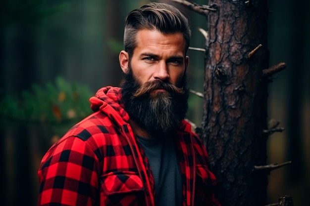 El bonito leñador barbudo en un bosque vestido con una camisa a cuadros roja Imagen brillante