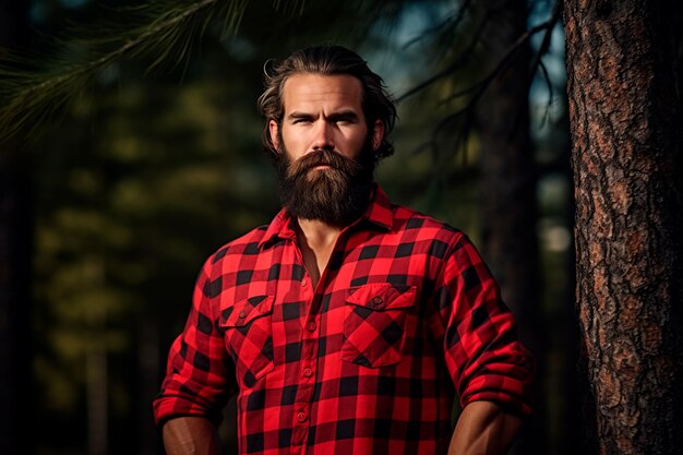 El bonito leñador barbudo en un bosque vestido con una camisa a cuadros roja Imagen brillante