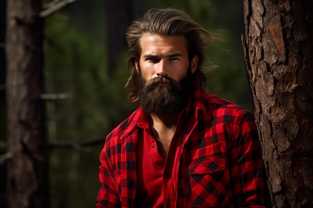 El bonito leñador barbudo en un bosque vestido con una camisa a cuadros roja