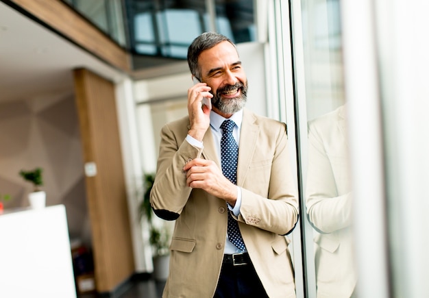 Bonito, maduras, homem negócios, com, telefone móvel, em, escritório