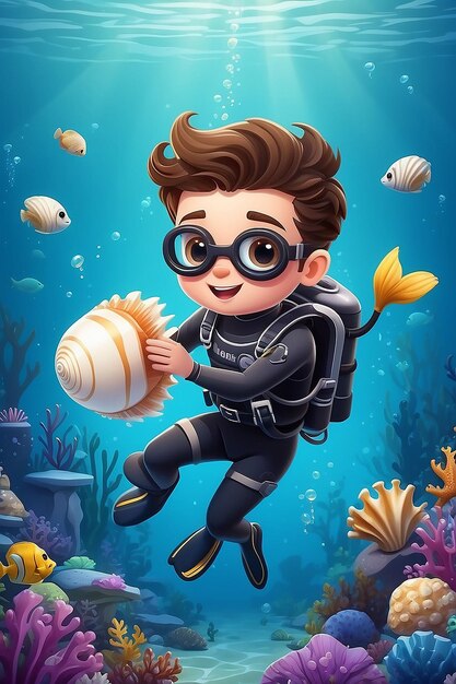 Foto bonito mergulhador nadando no mar com concha de pérola ícones vetoriais de desenhos animados ilustração ciência ícones de animais conceito vector premium isolado
