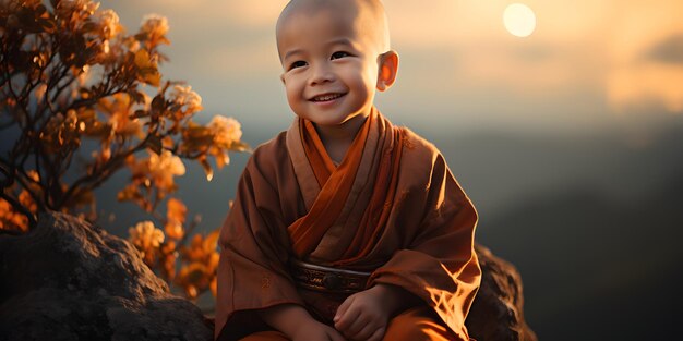 Un bonito monje bebé se sienta y medita en una roca Retrato de un monje budista novato