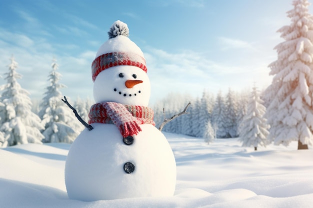 Bonito muñeco de nieve en la nieve con sombrero senta para feliz Navidad y año nuevo festival de invierno fondo de pantalla AI