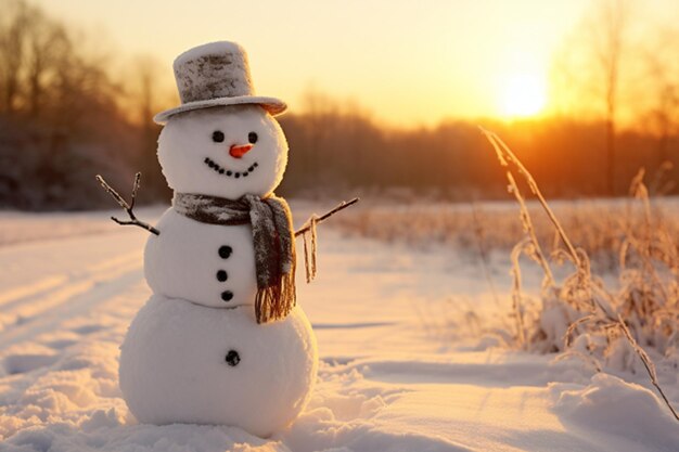 Bonito muñeco de nieve en la nieve con sombrero senta para feliz Navidad y año nuevo festival de invierno fondo de pantalla AI