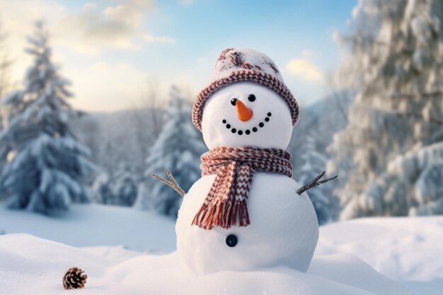 Bonito muñeco de nieve en la nieve con sombrero senta para feliz Navidad y año nuevo festival de invierno fondo de pantalla AI