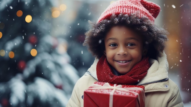 Bonito niño afroamericano sonriente con chaqueta roja y sombrero sosteniendo regalos de Navidad mientras