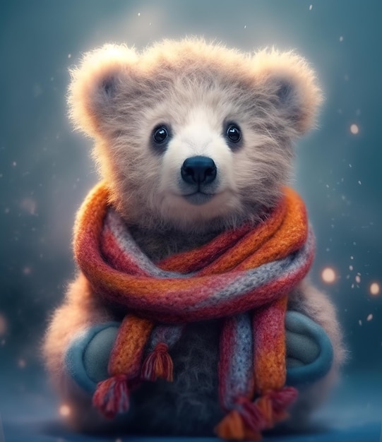 bonito oso de peluche con bufanda en un retrato de fondo gris creado por la tecnología de IA generativa