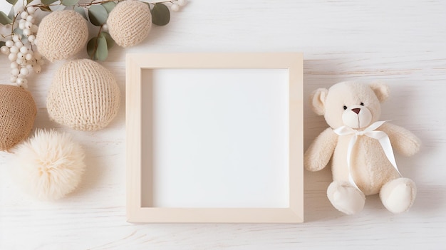 Foto bonito oso de peluche con un marco de madera blanca espacio vacío para el texto