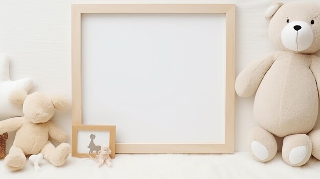 bonito oso de peluche con un marco de madera blanca espacio vacío para el texto