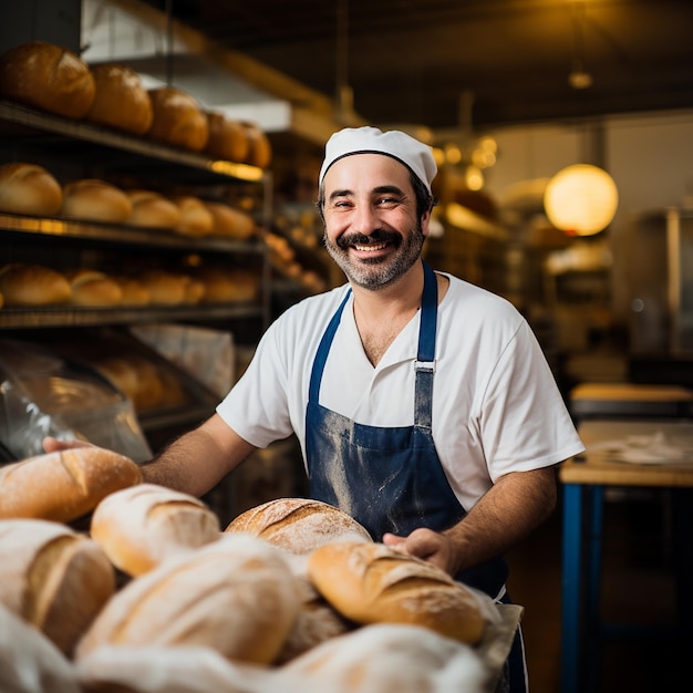 Bonito padeiro de uniforme segurando baguetes com prateleiras de pão no fundo