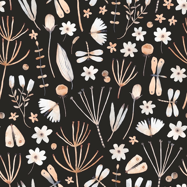 Bonito padrão sem costura com folhas de ramos de flores Fundo aquarela vintage Textura infantil criativa para tecido embrulho têxtil vestuário de papel de parede Ilustração desenhada à mão