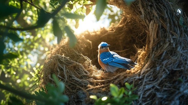 Un bonito pájaro azul gordo haciendo un nido bajo en las ramas de un olmo Imagen generada por IA