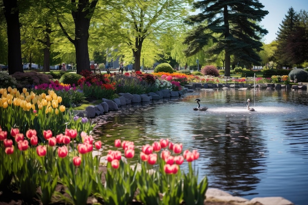 bonito parque da cidade com lagoas pássaros e canteiros de flores vibrantes