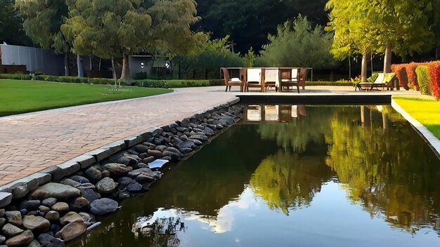 Bonito parque e casa de hóspedes com lagoa imagem de fotografia Ai gerada arte