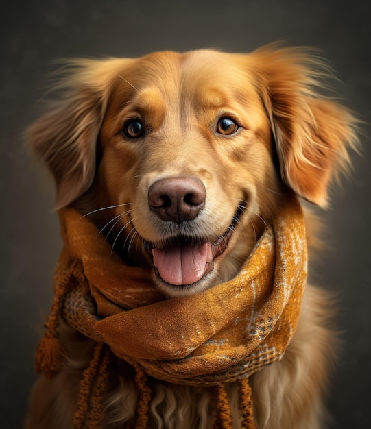 bonito perro Hovawart sonriente con bufanda en un fondo gris retrato creado por tecnología de IA generativa