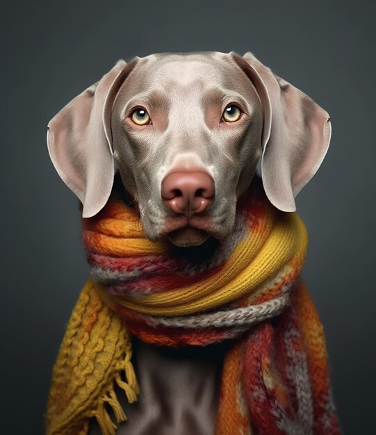 bonito perro Weimaraner sonriente con bufanda en un fondo gris retrato creado por tecnología de IA generativa