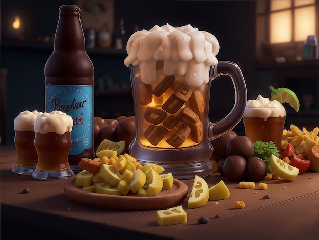 Bonito Renderização em 3D Oktoberfest Bebidas Copo de Cervejas Fatias de Queijo e Lanches para Delícias Festivas