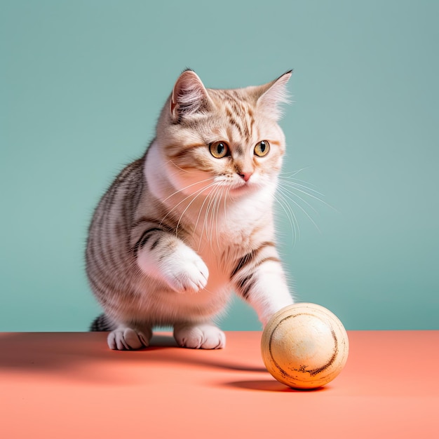 Un bonito retrato de gato jugando con una pelota en un fondo sólido aislado