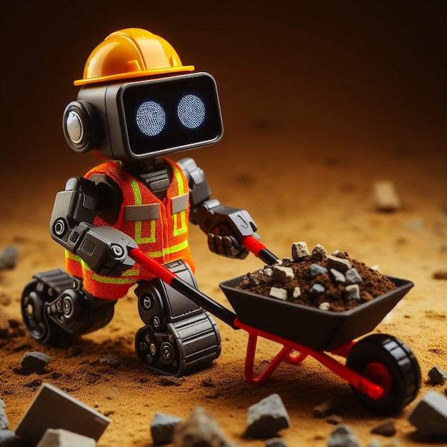 Un bonito robot de juguete 3D vestido como un trabajador de la construcción empujando una carretilla llena de escombros