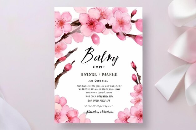 Foto bonito rosa flor de cerejeira floral aquarela cartão de convite