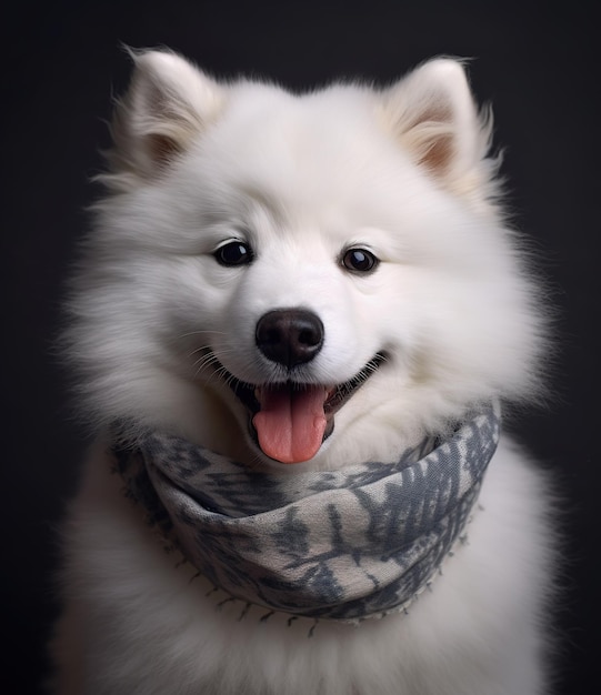 bonito Samoyed sorridente com lenço em um retrato de fundo cinza criado por tecnologia de IA generativa