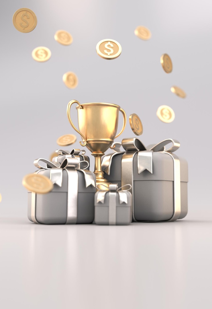 Foto un bonito trofeo de oro con una caja de regalo y monedas de oro.