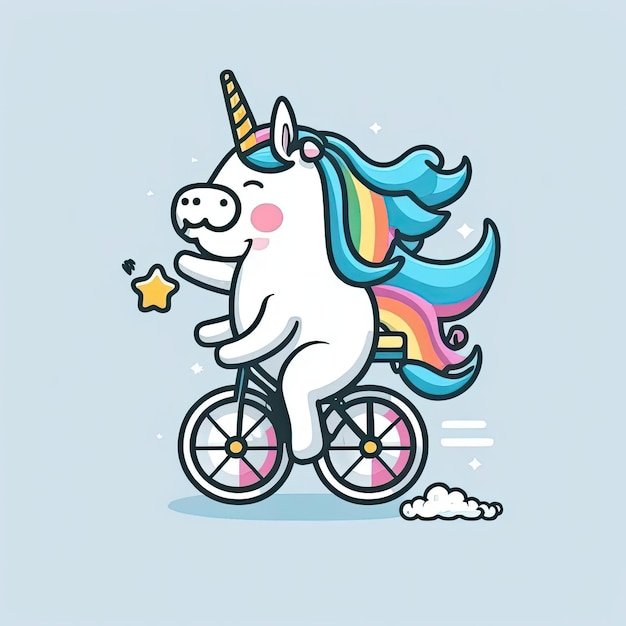 Bonito unicornio andando en bicicleta sobre fondo azul IA generativa