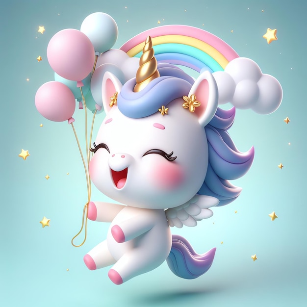 Foto bonito unicornio de dibujos animados 3d globo adorable ilustración de fondo feliz cumpleaños papel tapiz