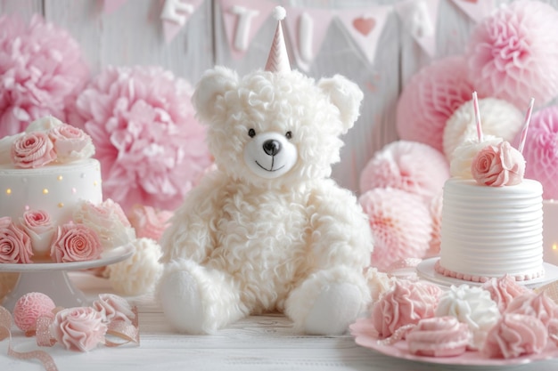 Foto bonito urso bebê branco e rosa com acessórios de festa para feliz aniversário