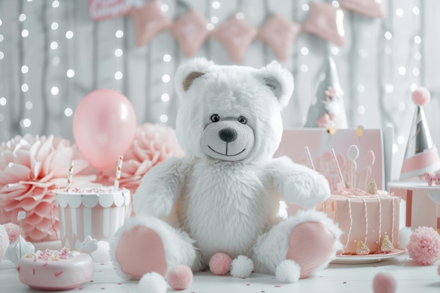 bonito urso bebê branco e rosa com acessórios de festa para feliz aniversário