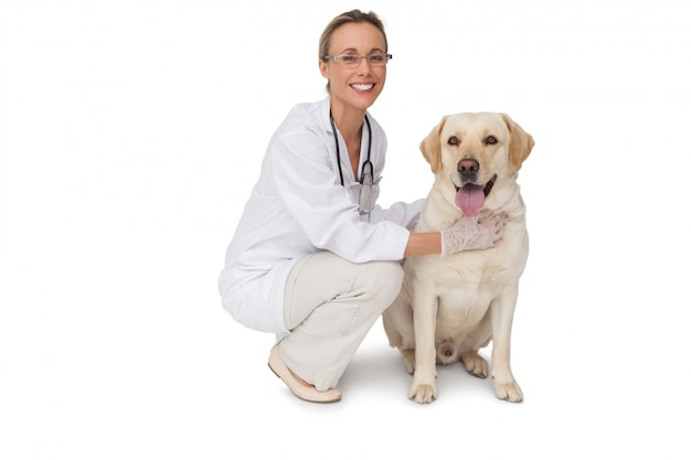 Bonito veterinario acariciar perro labrador amarillo sonriendo a la cámara