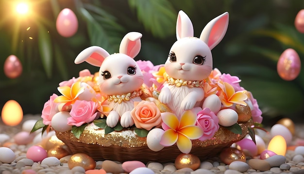 Bonitos conejitos de Pascua con flores de colores en el bosque