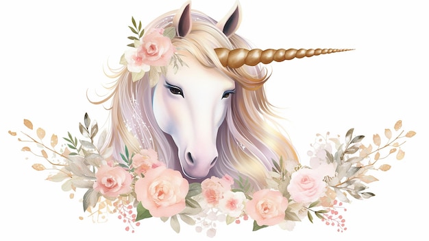 Bonitos gráficos de unicornio con corona de flores y IA generativa dorada