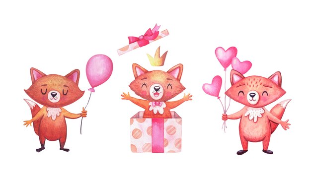 Bonitos raposas aquarela para festa de aniversário. conjunto de personagens