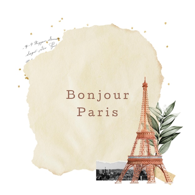 Bonjour París palabras png pegatina Torre Eiffel collage estético fondo transparente