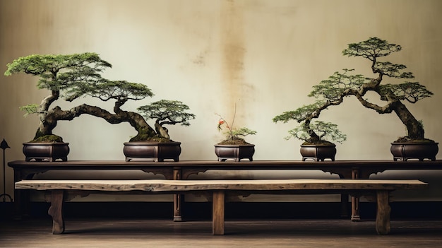 Foto bonsai-bäume in töpfen auf einem regal mit einer holzbank und einer wand dahinter.