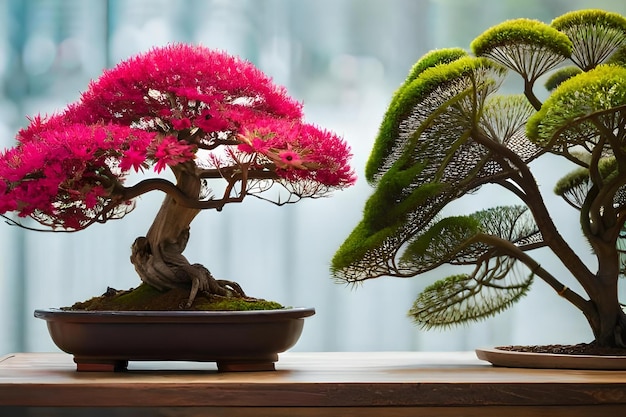 Bonsai-Bäume in Töpfen auf einem Tisch