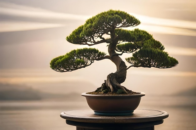 Bonsai-Baum auf einem Sockel mit Sonnenuntergangshintergrund