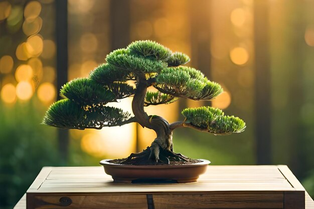 Bonsai-Baum auf einer Fensterbank mit verschwommenem Hintergrund.