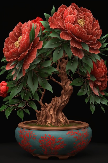 Bonsai-Baum mit roten Blüten in einer blauen Vase, generative KI
